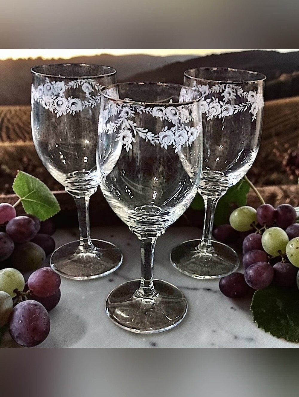 3 Johann Haviland Sweetheart Rose Wine Glasses Platinum Rim Crystal Vintage